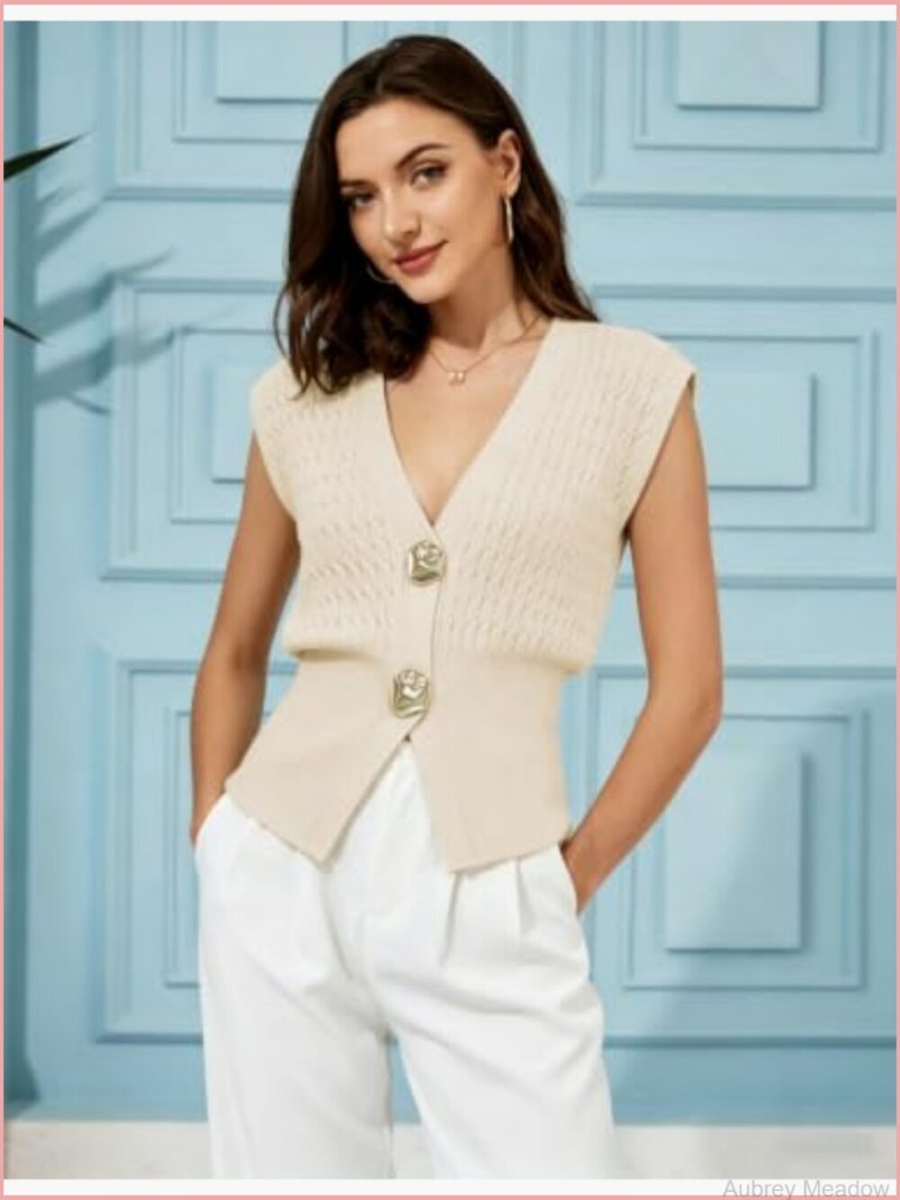 Sleeveless V-Neck Cable Knit Sweater Vest in Cream - Picture 2 of 4